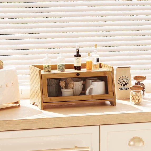 Bamboohomie Bamboo Bread Box for Homemade Bread, Kitchen Countertop Storage with Transparent Door Panel, Farmhouse Organizer, Natural