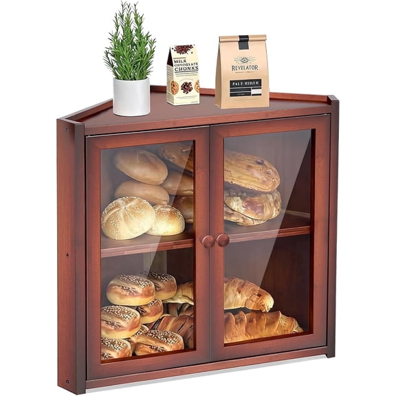 Bamboohomie Corner Bread Box for Kitchen Countertop, Double Layer Bamboo Bread Holder, Wooden Breadbox, Brown