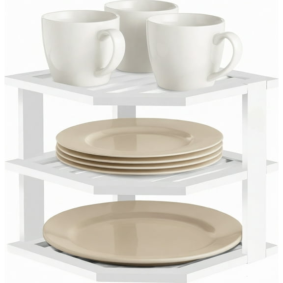 BambooHomie Bamboo Kitchen Corner Shelf, 3-Tier Countertop Organizer & Plate Organizer for Cabinet, Space-Saving Corner Cabinet Organizer, White