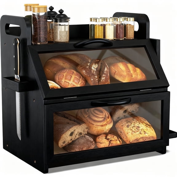 Bamboohomie Black Bread Box for Kitchen Countertop, Extra Large Double Layer Bamboo Bread Keeper with Tool Holder, Window