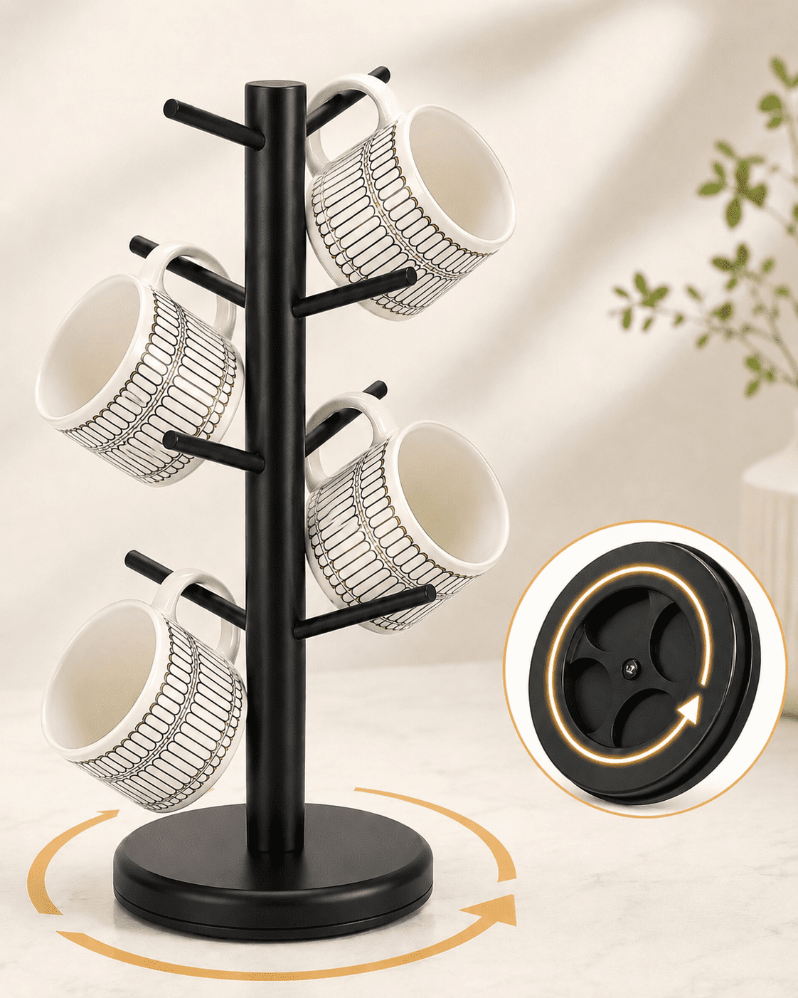 Bamboohomie Mug Tree, Coffee Cup Holder for Countertop, Rotating Coffee Mug Tree Stand with 8 Hooks, Black