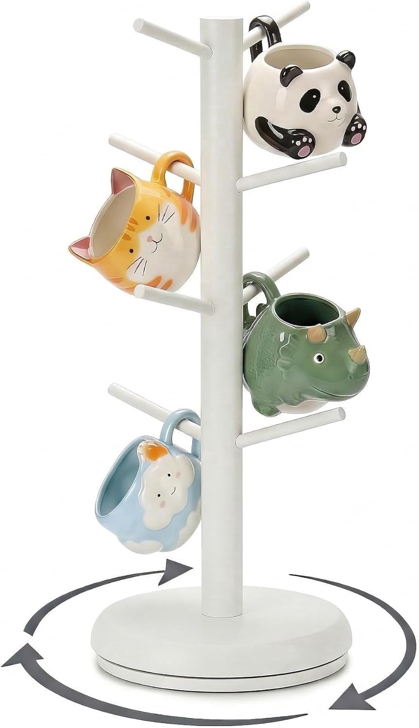 Bamboohomie White Coffee Mug Tree, Mug Holder for Counter, Rotating 8-Hook Mug Tree Stand, White
