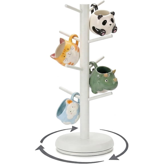Bamboohomie White Coffee Mug Tree, Mug Holder for Counter, Rotating 8-Hook Mug Tree Stand, White