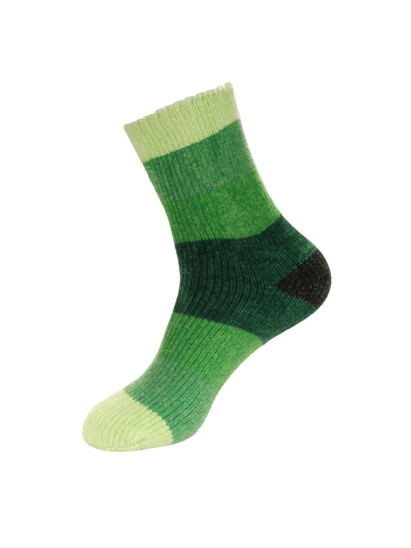 1 Pair Women's Chenille Fuzzy Color Block Crew Home Socks, Forest Green, L/XL