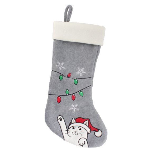BambooMN 1 Pc Set 18" Classic Hand Embroidered Sequined Cute Animal Christmas Stocking, 15 Naughty Cat Grey