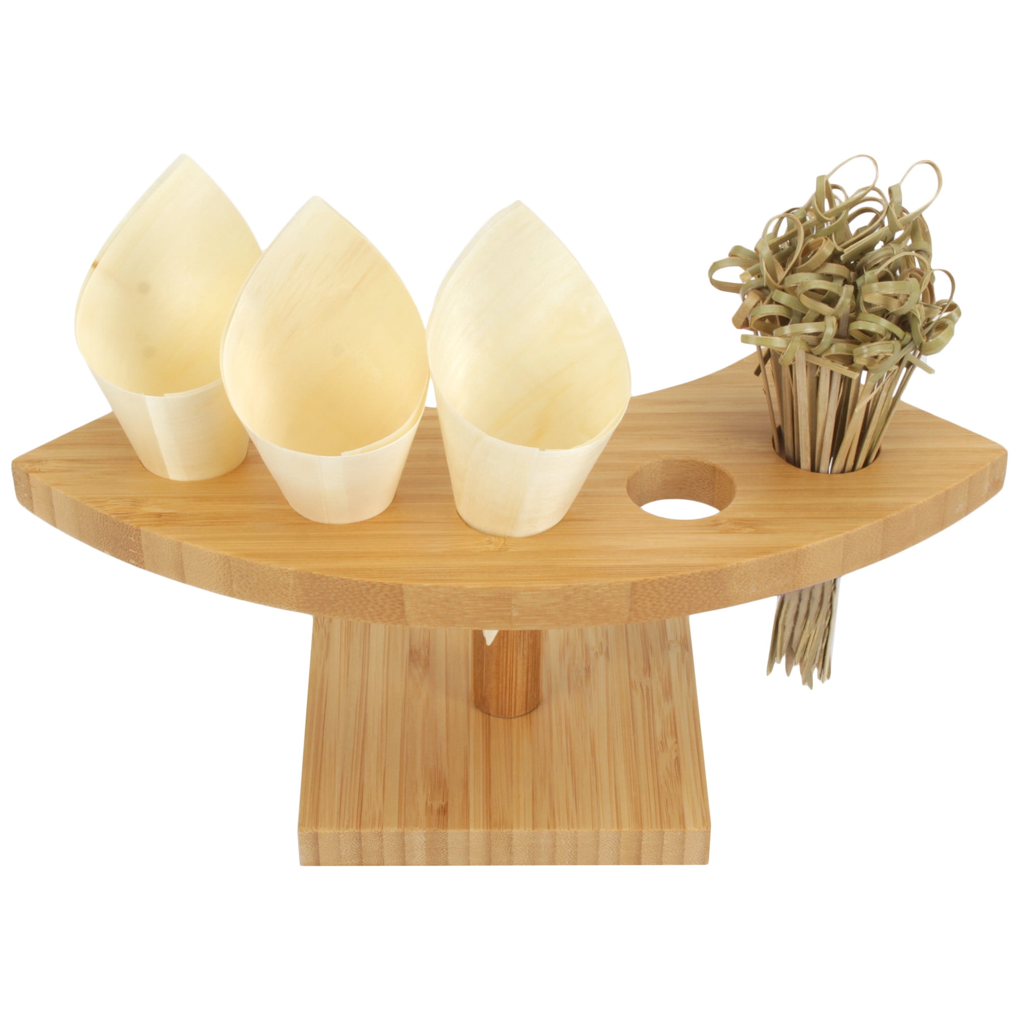 BambooMN 10 Inch Natural Bamboo Crescent Food Cone Display Tamaki Stand, With Wood Cones and Skewer Picks, 1 Set
