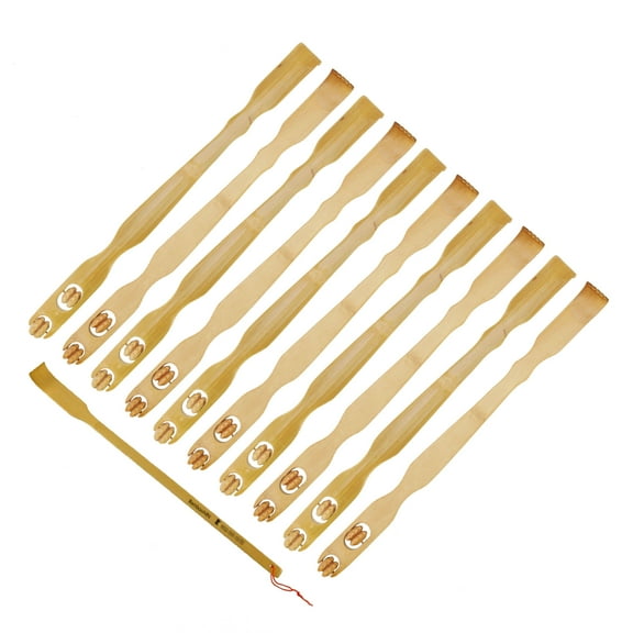 BambooMN 10 Pieces 17" Bamboo Backscratcher Knobby Massage Roller Handle Plus Free Travel Size Back Scratcher for Itching Relief, 100% Natural Bamboo