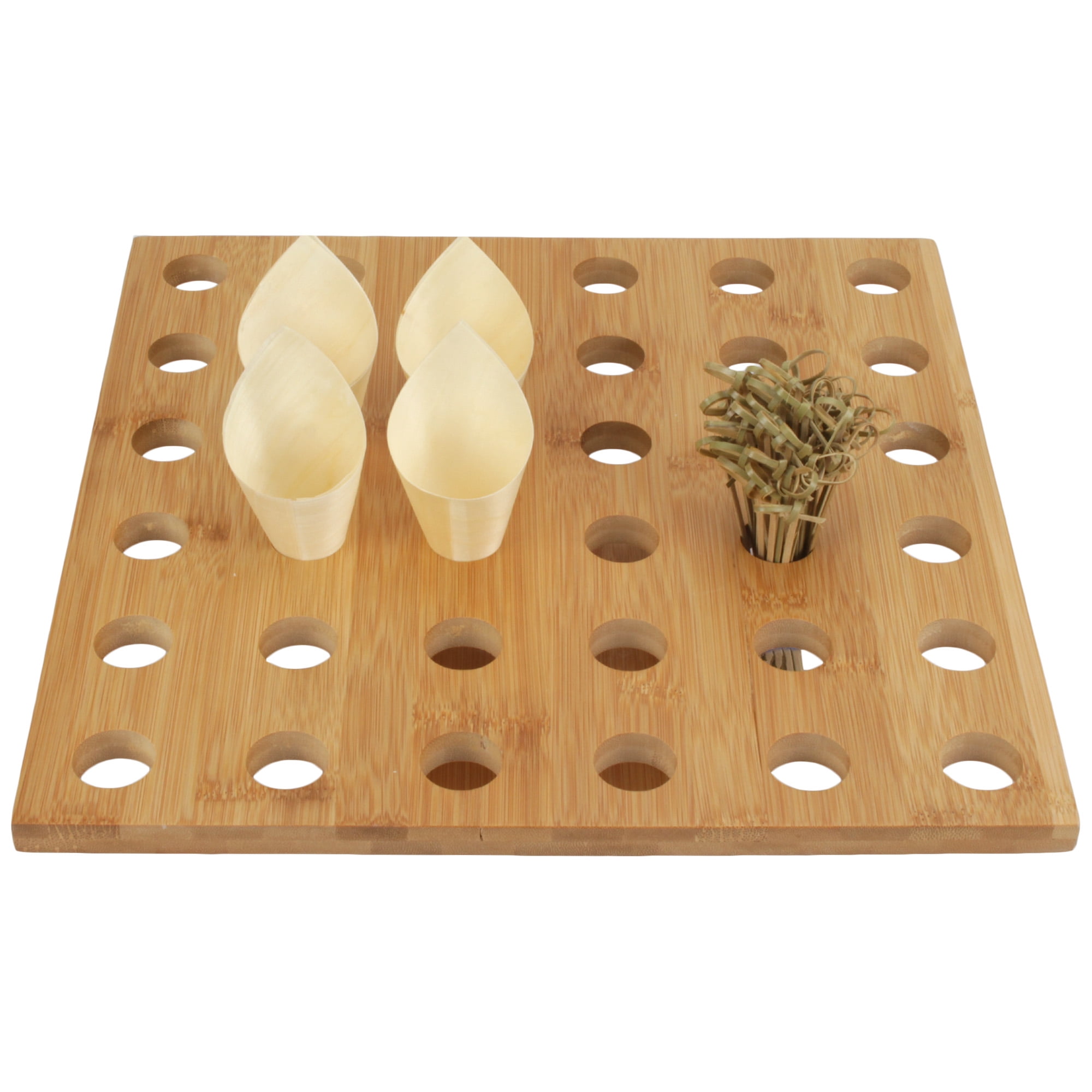 BambooMN 13" x 13" Natural Bamboo Square Food Cone Display Tamaki Stand, With Wood Cones and Skewer Picks, 1 Set