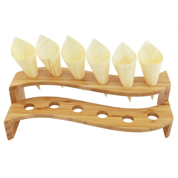 BambooMN 13" x 5.7" x 3.5" Natural Bamboo S Wave Multi Level Food Cone Display Tamaki Stand, Holds up to 12 Cones - 10 Pieces
