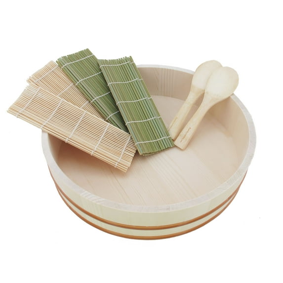 BambooMN 14.2" Sushi Oke Tub Hangiri with 7 Pieces Sushi Making Serving Accessory Kit