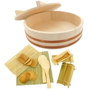 BambooMN 15.3" Hangiri Sushi Oke Rice Mixing Tub with Lid, 19 Pieces Making Serving Accessory Kit