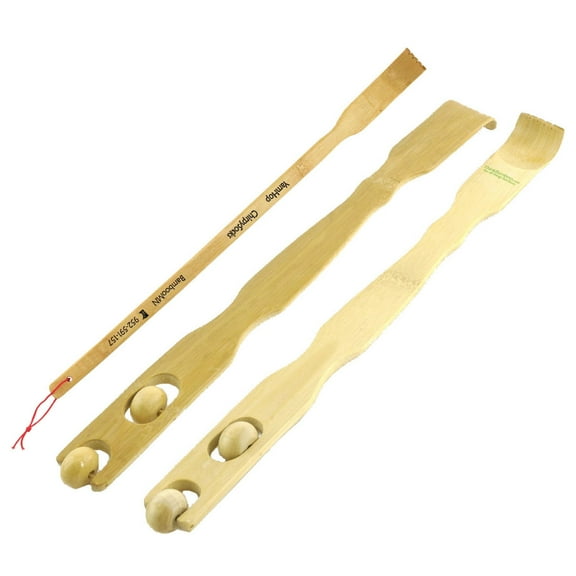 BambooMN 2 Pieces 17" Backscratcher Smooth Ball Roller Massage Handle Plus Free Travel Back Scratcher for Itching Relief, 100% Natural Bamboo