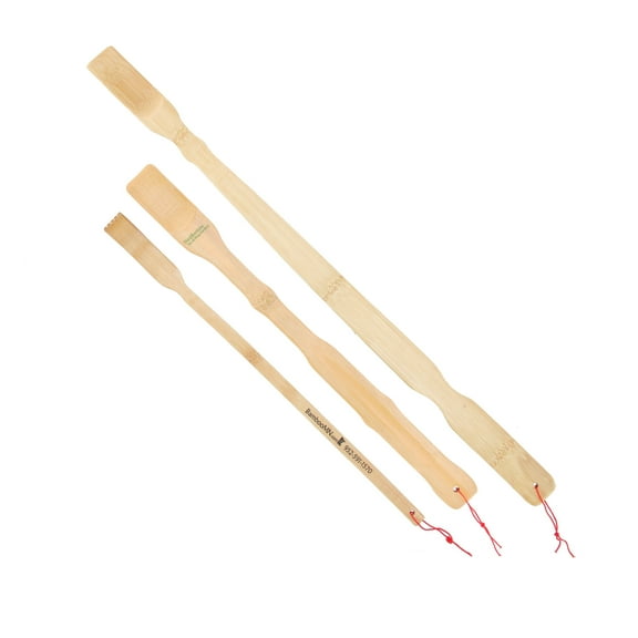 BambooMN 25" Extra Long Handled Bamboo Shoehorn, 17" Bamboo Shoehorn, Free Travel Size Backscratcher