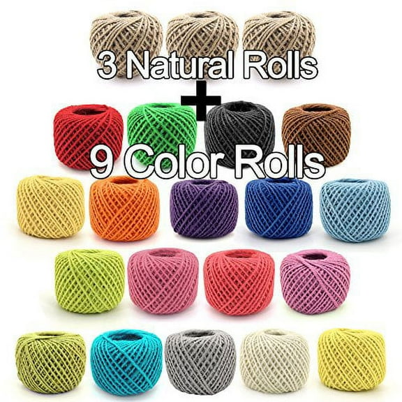 BambooMN 2700 ft 2mm Crafty Jute Twine String Jute, 3 Natural Rolls and 9 Surprise Color Rolls for Artworks, DIY Crafts, Gift Wrapping, Picture Display and Embellishments
