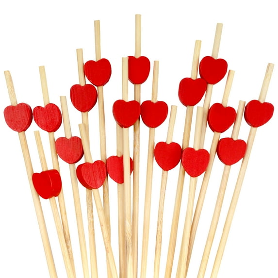 BambooMN 3.9" (10cm) Decorative Red Heart Bamboo Cocktail Fruit Sandwich Picks Skewers for Catered Events, Holiday's, Restaurants or Buffets Party Supplies, 100 Pieces
