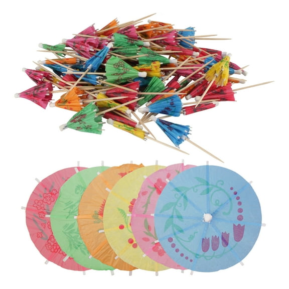 BambooMN 3.9" Colorful Umbrella Parasol Cocktail Picks for Drinks and Food, Decorative Toothpicks for Hotel, Restaurant, Hawaiian Party, 100 Pieces