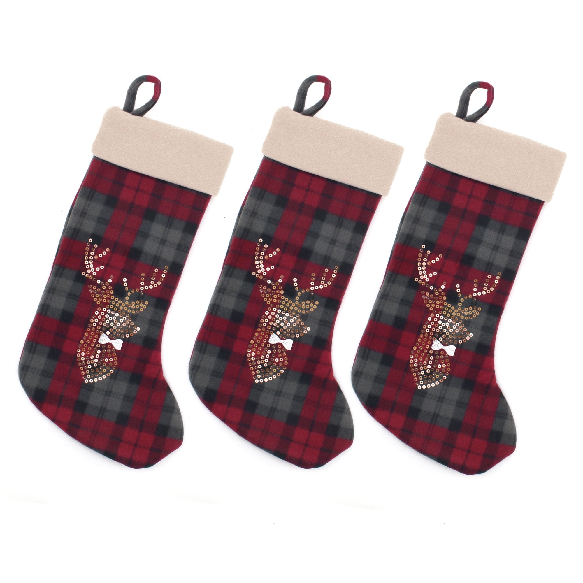 BambooMN 3 Pcs Set 18" Classic Hand Embroidered Sequined Cute Animal Chirstmas Stocking, 01a Reindeer