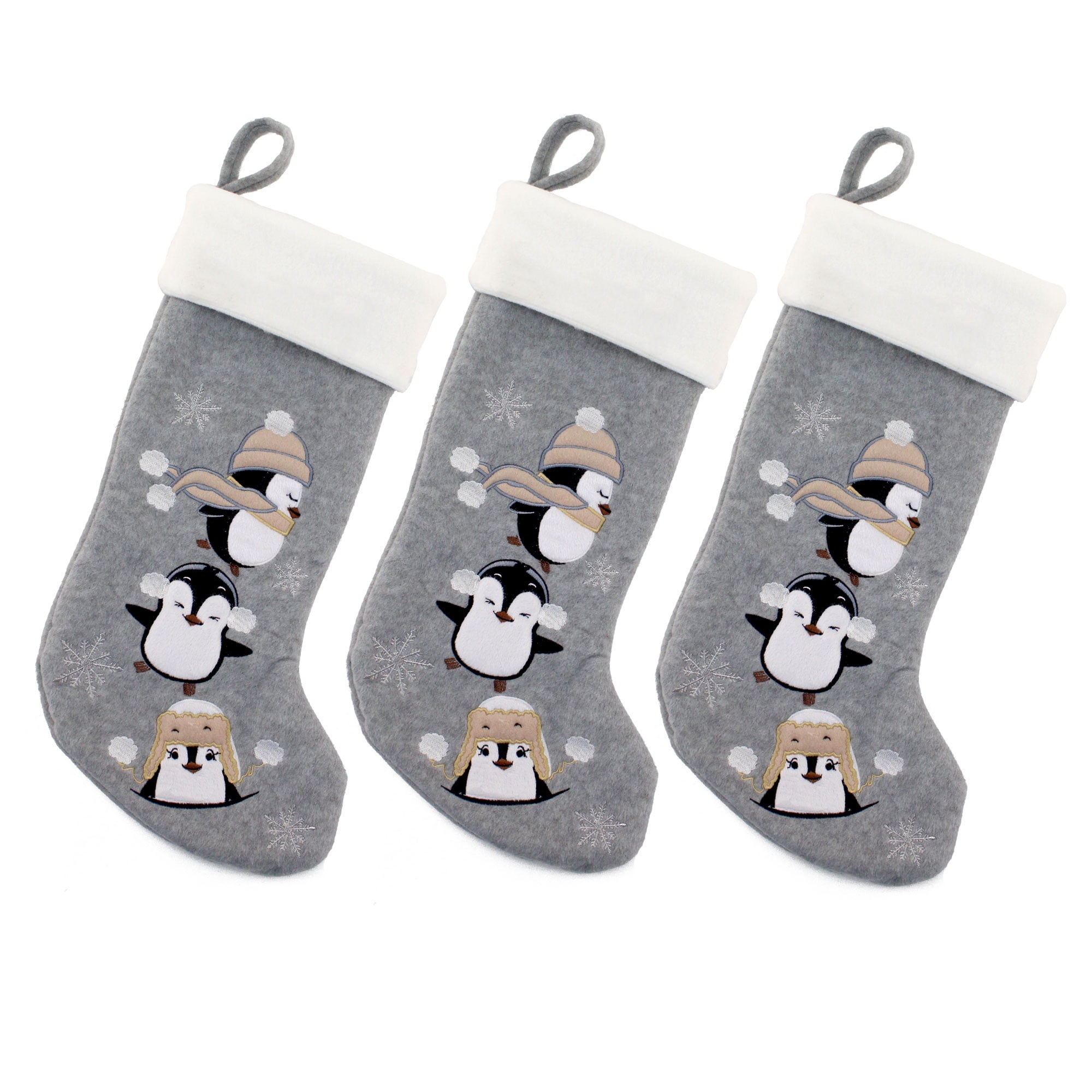 BambooMN 3 Pcs Set 18" Classic Hand Embroidered Sequined Cute Animal Chirstmas Stocking, 02 Penguin