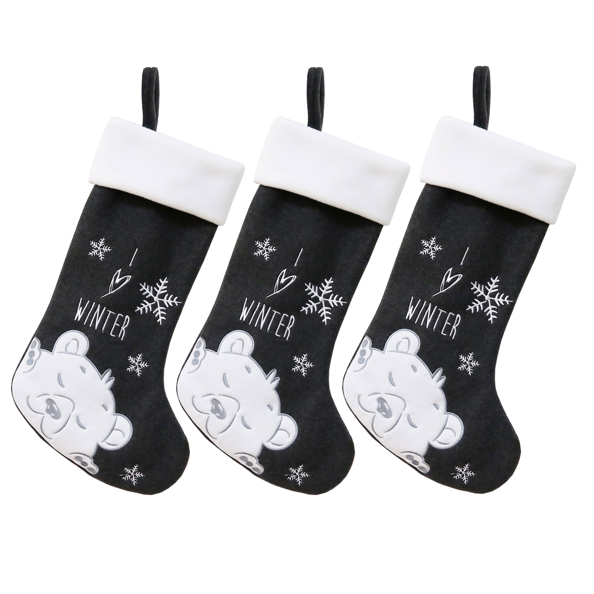 BambooMN 3 Pcs Set 18" Classic Hand Embroidered Sequined Cute Animal Chirstmas Stocking, 04 White Bear