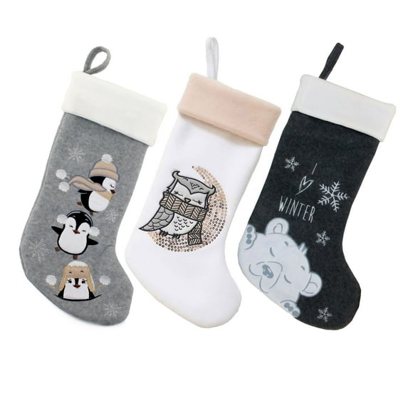 BambooMN 3 Pcs Set 18" Classic Hand Embroidered Sequined Cute Animal Chirstmas Stocking, Assortment 96