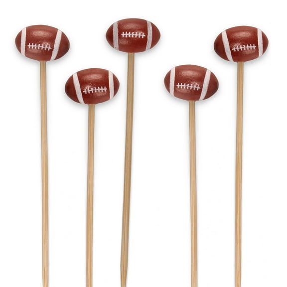 BambooMN 4.7" Decorative Sports Ball End Bamboo Cocktail Fruit Sandwich Picks Skewers for Catered Events, Holiday's, Restaurants or Buffets Party Supplies, Football, 100 Pieces