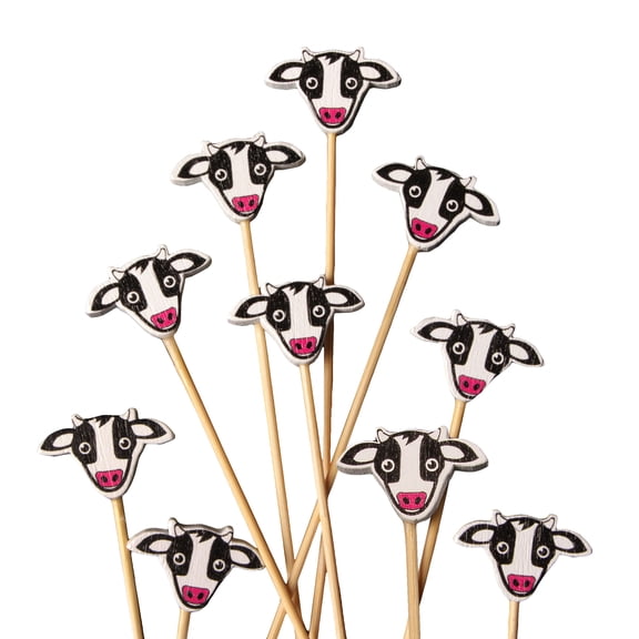 BambooMN 4.7 Inch Fancy Cow Cocktail Appetizers Bamboo Toothpick Picks, Stirrer Sticks for Fruit Party, Charcuterie Accessories and Drinks, 100 Pieces