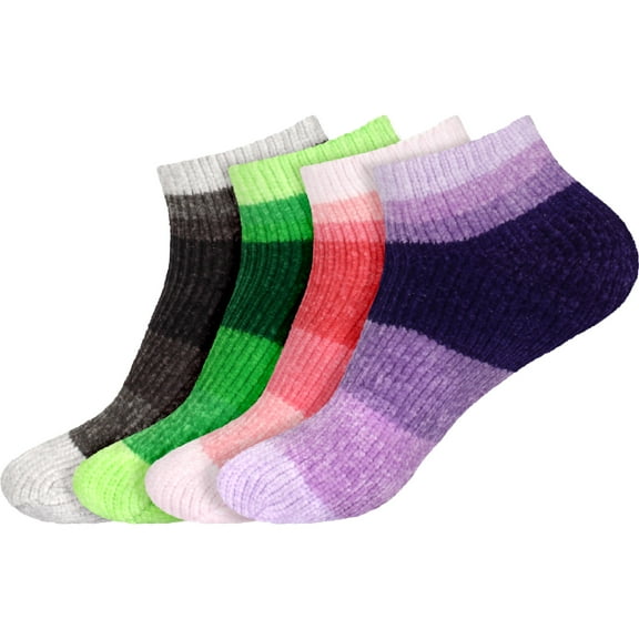 BambooMN 4 Pairs Women's Chenille Fuzzy Color Block Ankle Home Socks, Assortment C, Sizes 10-13