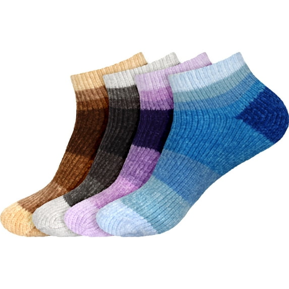 BambooMN 4 Pairs Women's Chenille Fuzzy Color Block Ankle Home Socks, Assortment D, Sizes 10-13