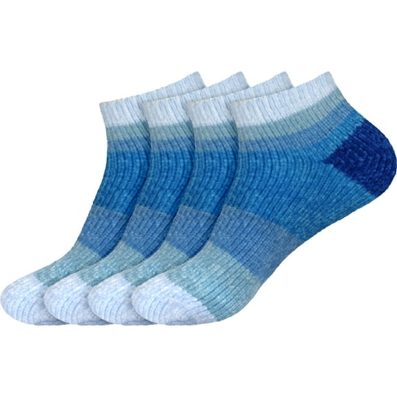 BambooMN 4 Pairs Women's Chenille Fuzzy Color Block Ankle Home Socks, Ocean Depths, Sizes 10-13