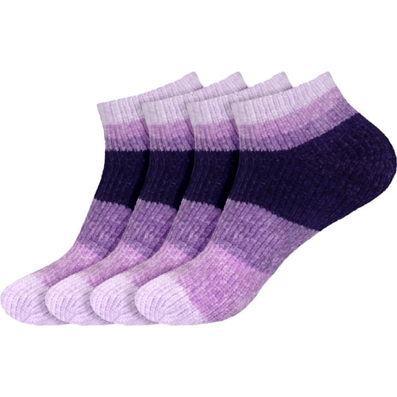 BambooMN 4 Pairs Women's Chenille Fuzzy Color Block Ankle Home Socks, Purple Rain, Sizes 4-9