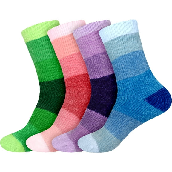 BambooMN Women's Chenille Fuzzy Color Block Crew Home Socks - Assortment A - Small/Medium - 4 Pairs