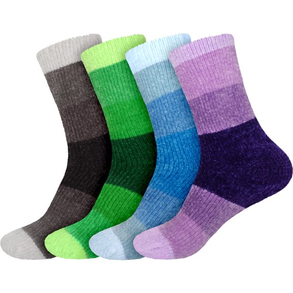 BambooMN Women's Chenille Fuzzy Color Block Crew Home Socks - Assortment C - Small/Medium - 4 Pairs