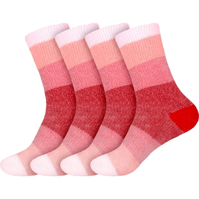 BambooMN 4 Pairs Women's Chenille Fuzzy Color Block Crew Home Socks, Cotton Candy, Extra Large