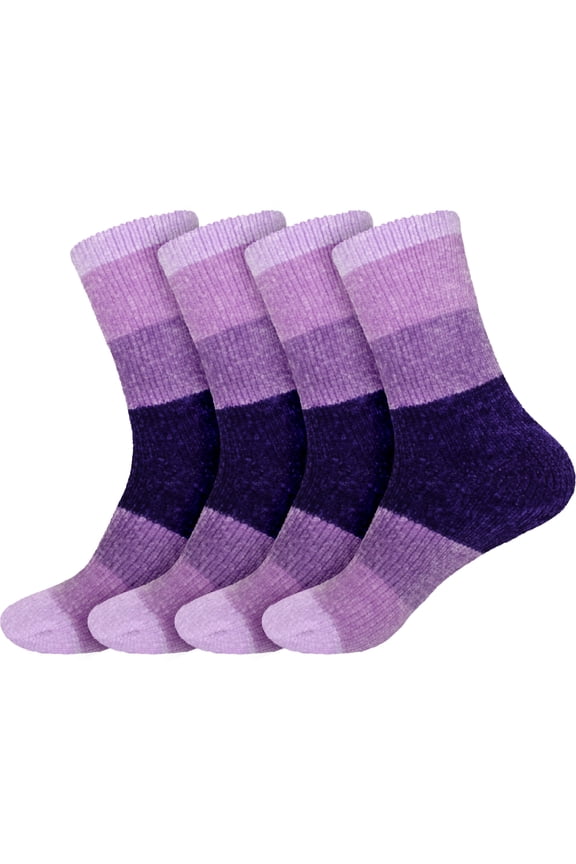 Women's Chenille Fuzzy Color Block Crew Home Socks - Purple Rain - Small/Medium - 4 Pairs
