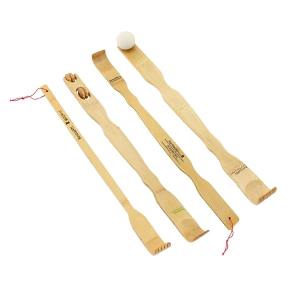 BambooMN 4 Piece Set Traditional Back Scratcher and Body Relaxation Massager Set for Itching Relief, 100% Natural Bamboo