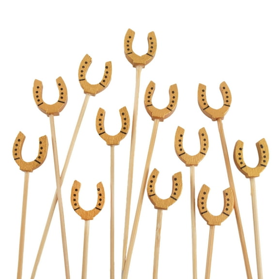 BambooMN 5.9" Decorative Lucky Golden Yellow Horseshoe End Bamboo Picks Skewers, 100 Pieces