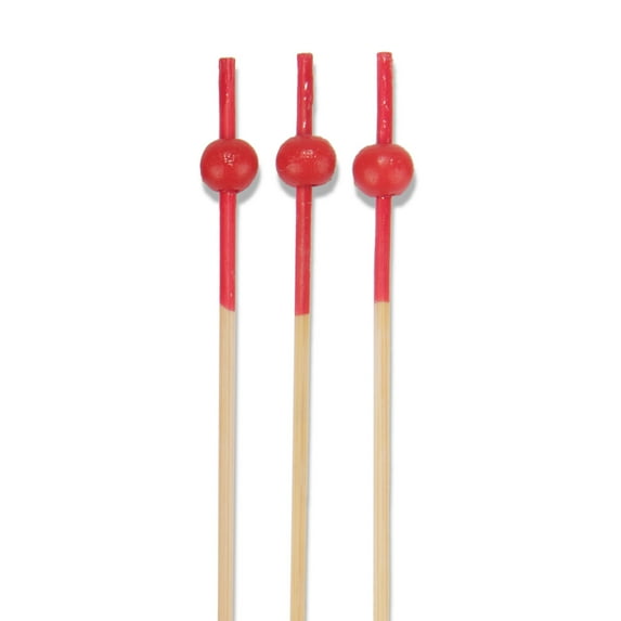 BambooMN 5.9" Decorative Small Ball Bamboo Cocktail Fruit Sandwich Picks Skewers - Red Dipped - 300pcs