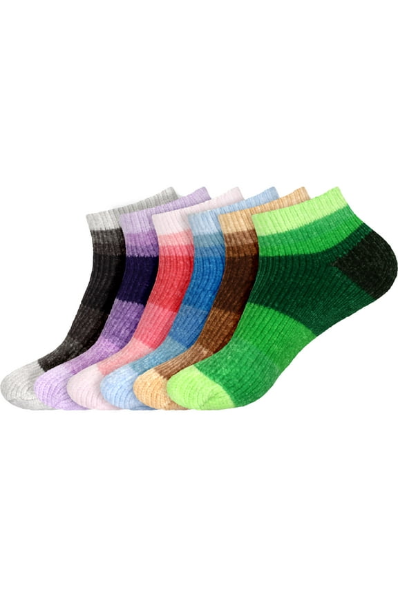 6 Pairs Women's Chenille Fuzzy Color Block Ankle Home Socks, Sizes 10-13