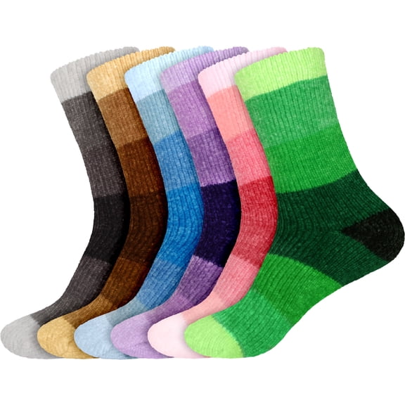 BambooMN Women's Chenille Fuzzy Color Block Crew Home Socks - Assortment 6A - Extra Large - 6 Pairs