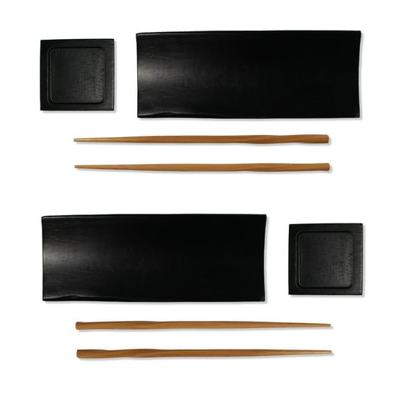 BambooMN 6 Piece, 2 Sets of 7" Reusable, Eco-Friendly, Black Bamboo Sushi Serving Plates/Trays: Chopsticks, and Soy Sauce Dishes Included!