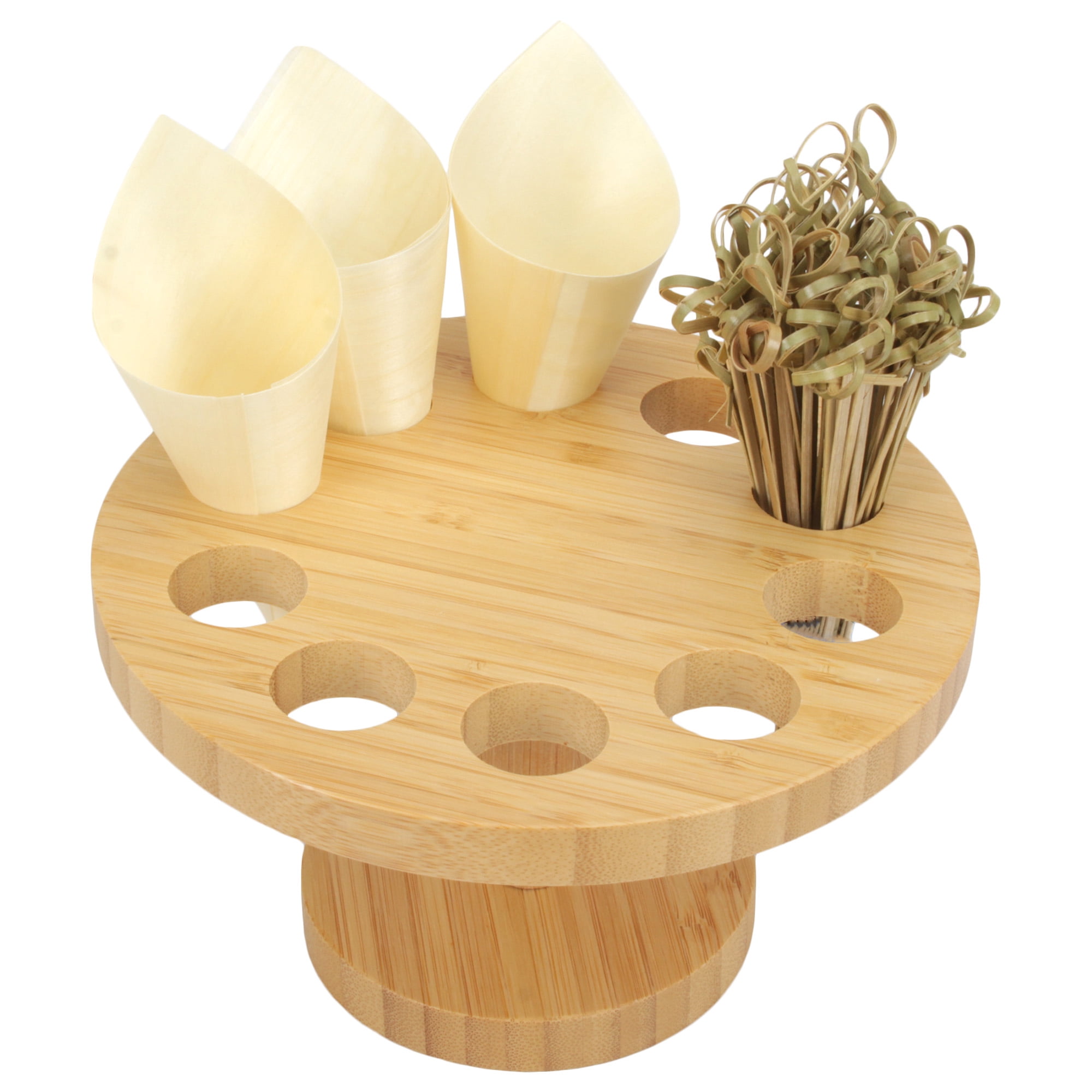 BambooMN 7.25 Inch Natural Bamboo Circle Food Cone Display Tamaki, With Wood Cones and Skewer Picks, 1 Set