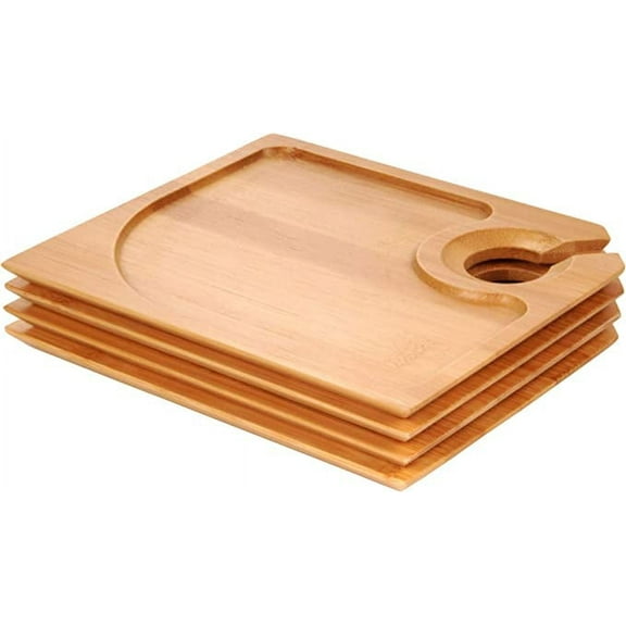 BambooMN 7.9" x 7.1" Bamboo Cocktail Appetizer Plates with Wine Glass Holder, 4 Pieces