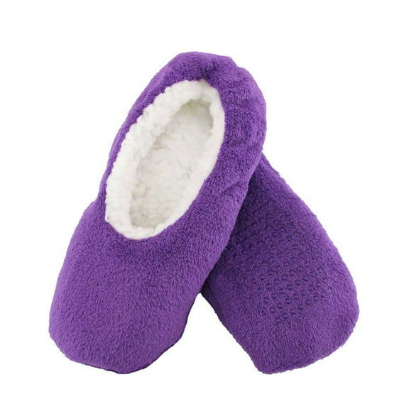 BambooMN Adult Size Medium Fuzzy Cozy Plush Home Travel Non-Skid Slippers Slip-On, 1 Pair Solid Purple