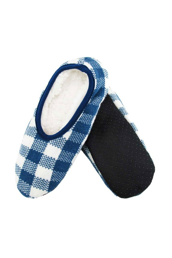 Adult Woman's Fuzzy Cozy Plush Non-Skid Slippers Slip-on, Plaid Blue, Size Medium, 1 Pair