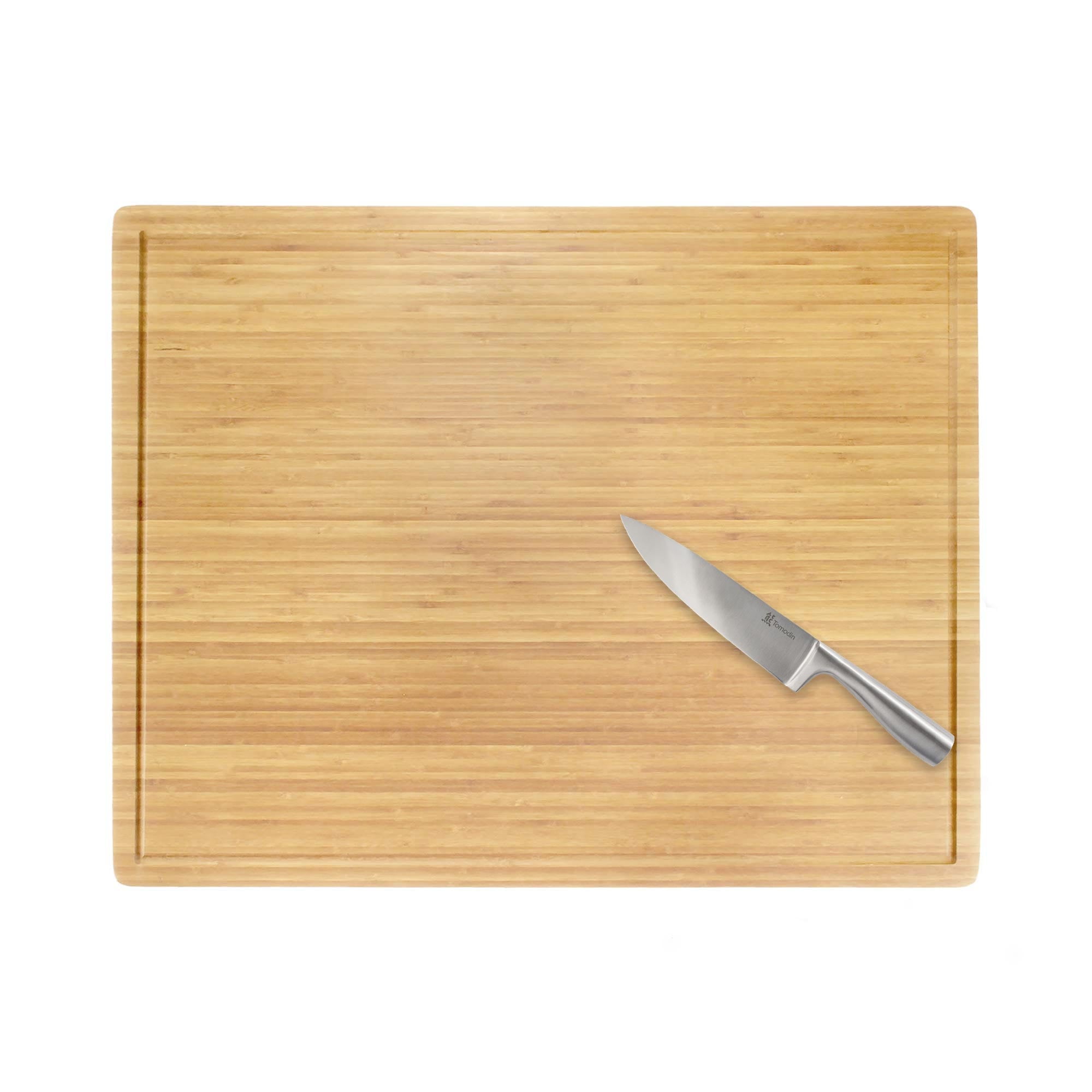 BambooMN Bamboo Burner Cover Cutting Board, 3-Ply, Extra Large, 30" x 24" x 0.75" - Grooved/Flat with Chef's Knife Combo