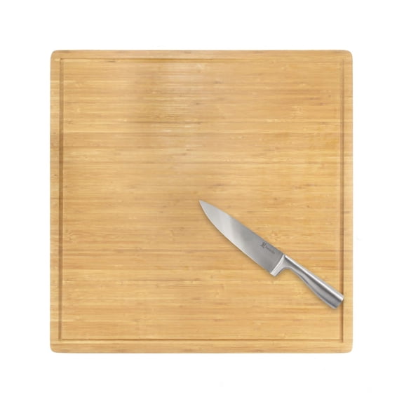 BambooMN Bamboo Burner Cover Cutting Board, 3-Ply, Extra Large Square, 24" x 24" x 0.75" - Grooved/Flat with Chef's Knife Combo