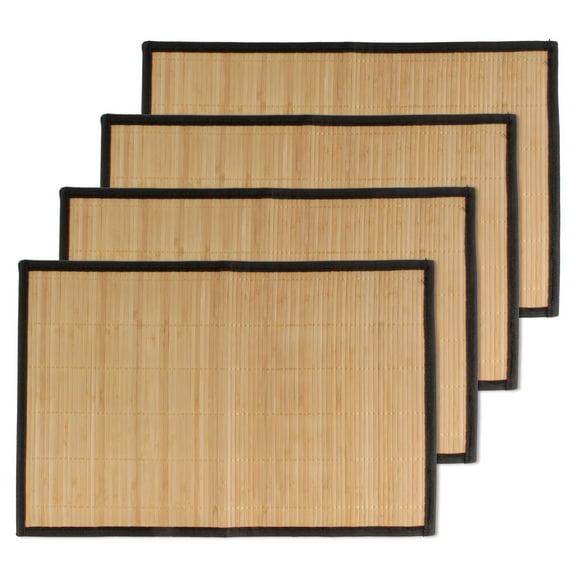BambooMN Bamboo Slats Placemat with Fabric Border - Solid Color Print - 17.5" x 12" - Brown with Black Border, 4 pcs