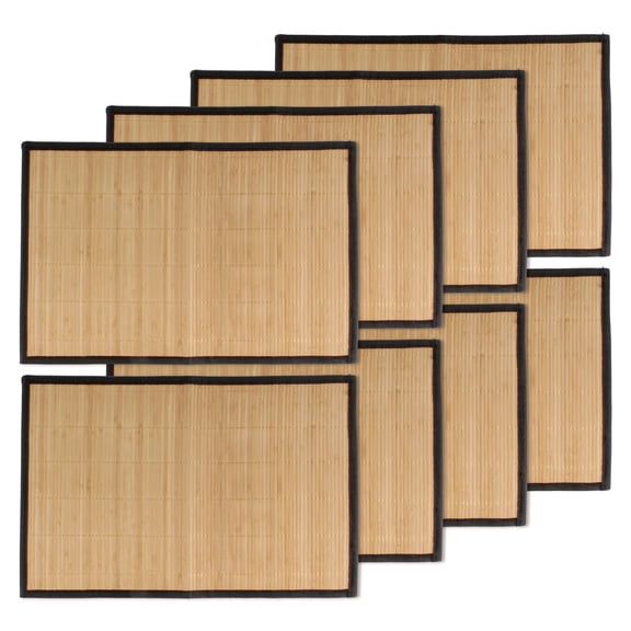 BambooMN Bamboo Slats Placemat with Fabric Border - Solid Color Print - 17.5" x 12" - Brown with Black Border, 8 pcs