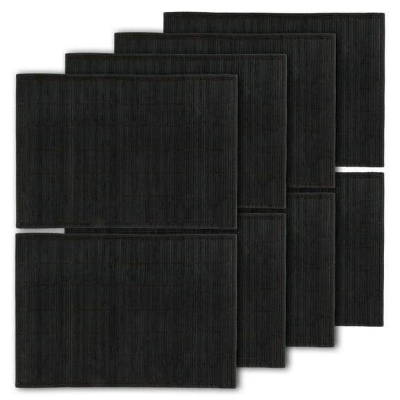 BambooMN Bamboo Slats Placemat with Fabric Border - Solid Color Print - 18" x 13" - Black, 8 pcs