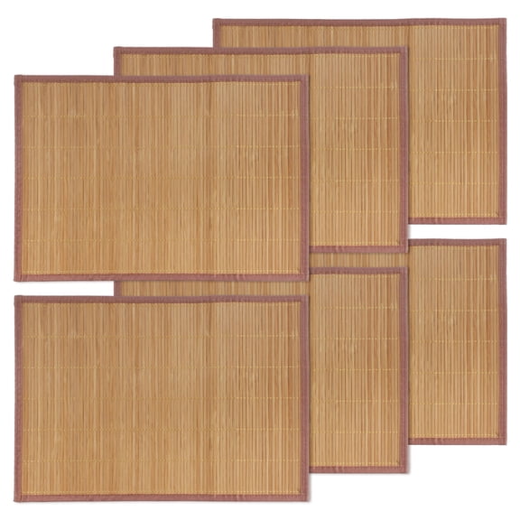 BambooMN Bamboo Slats Placemat with Fabric Border - Solid Color Print - 18" x 13" - Brown, 6 pcs